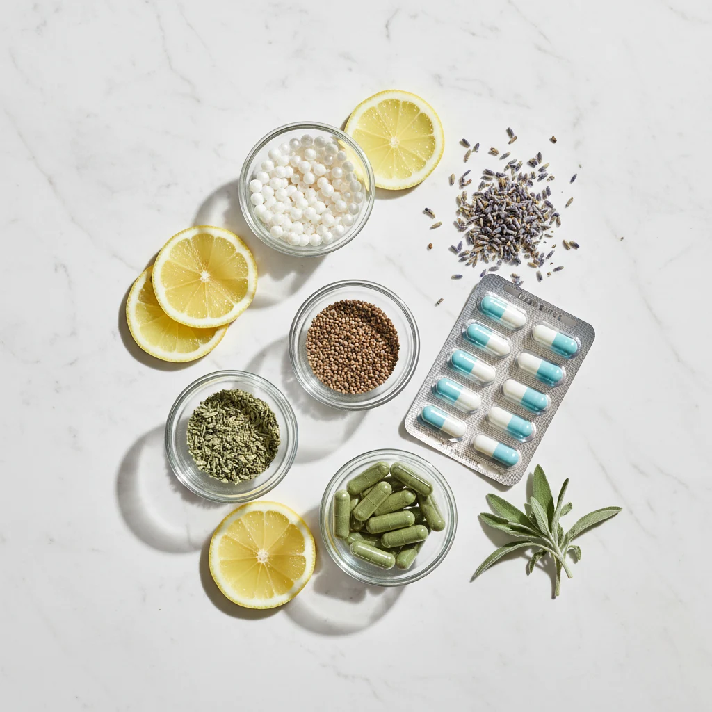 Zink, magnesium, selen, vitamin C och probiotika på marmoryta - ingredienser i kosttillskott för mäns välbefinnande