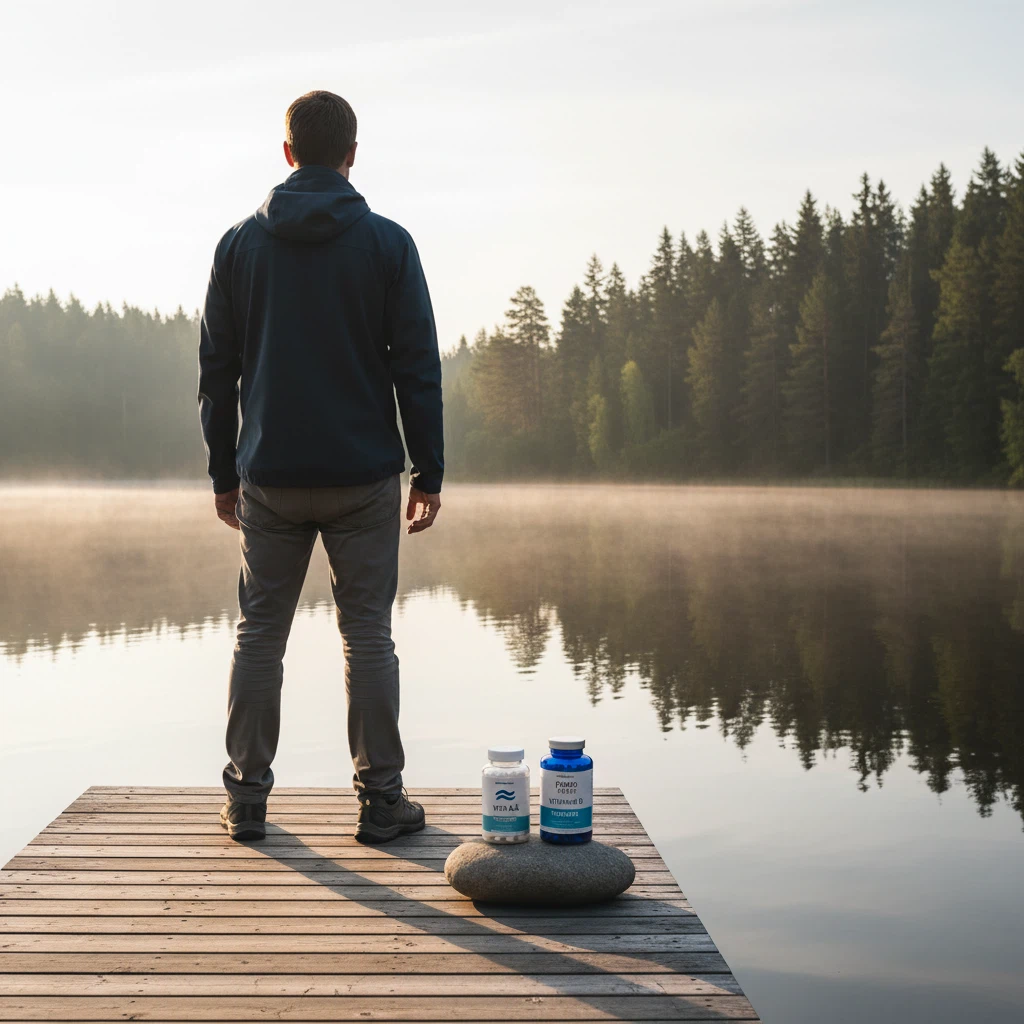 Man bakifrån vid en lugn sjö i tallskog - aktiv livsstil utomhus Sverige